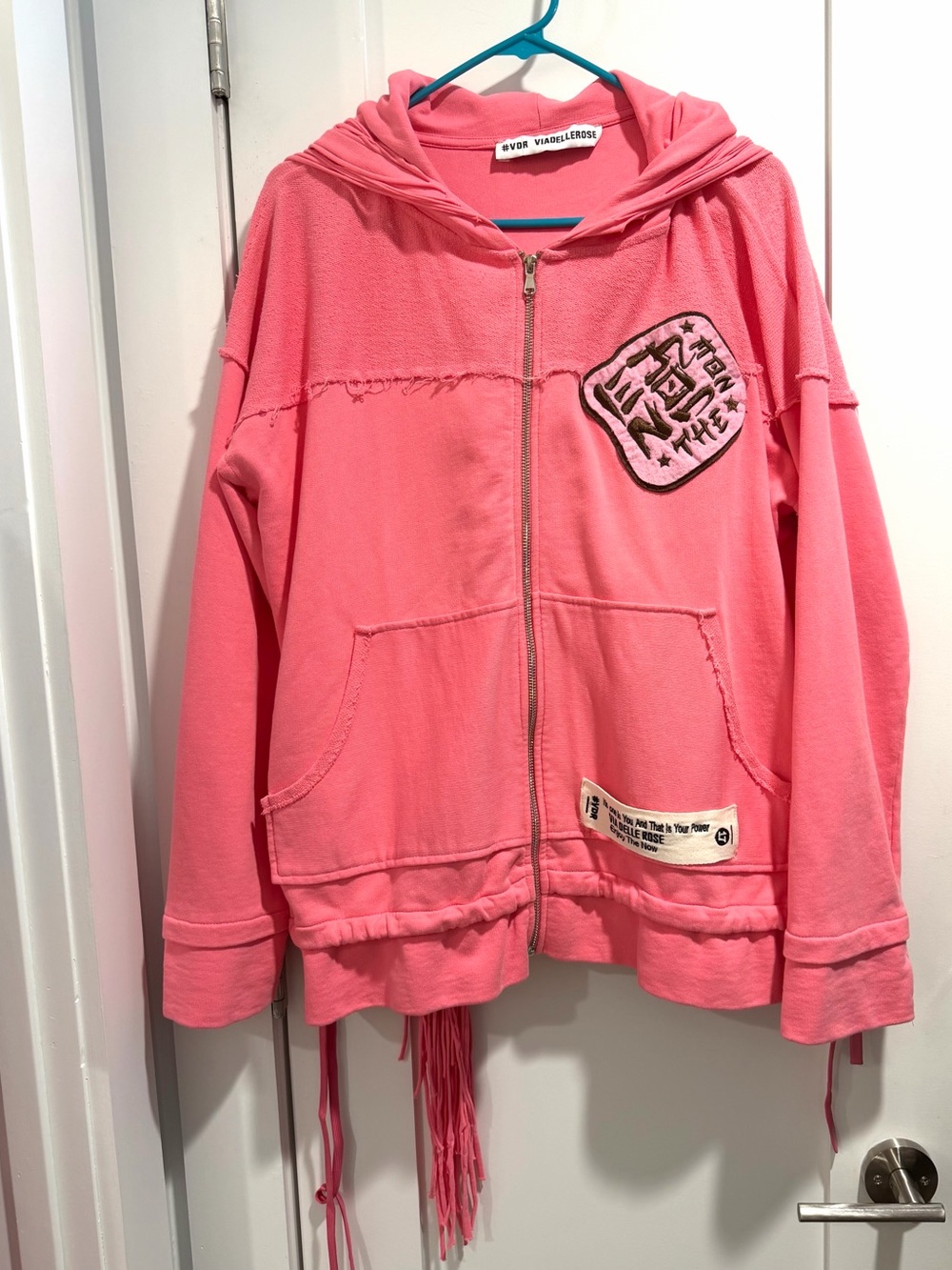 # VDR Viadellerose Coral Pink Zip Fringed Hoodie with Patch Detail